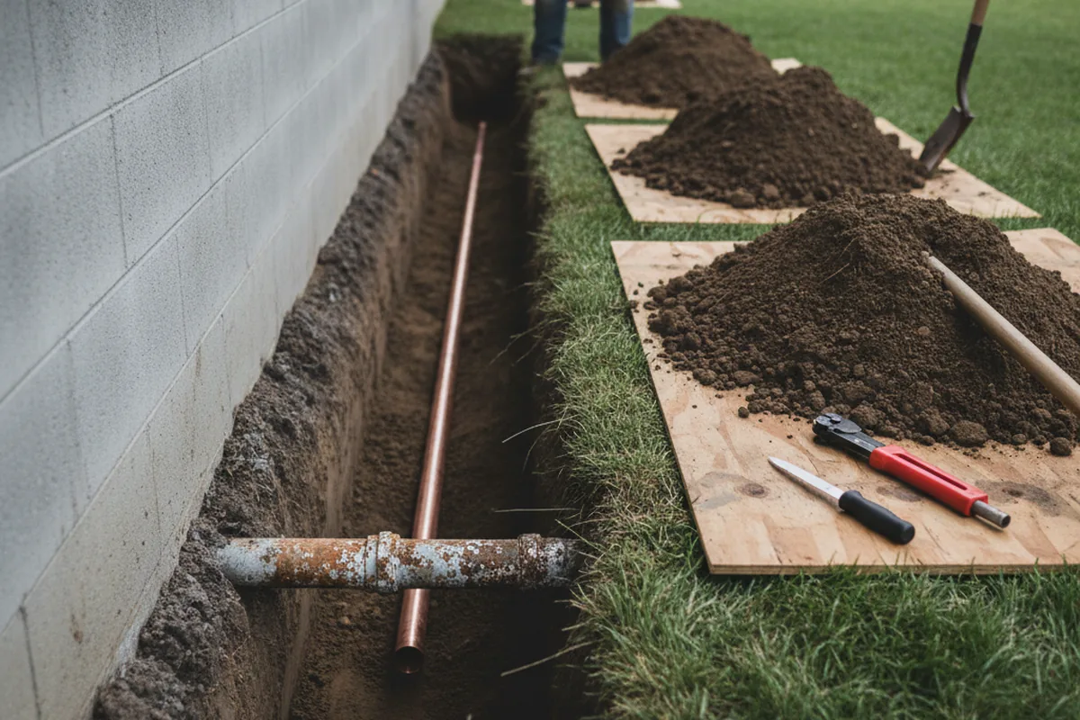 Excavated water line trench during Sewer Line Repair in Little Hocking